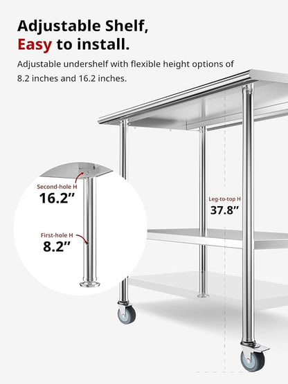 Atelicf All-Stainless Steel Prep Table, 24 X 48 Inches, with Rounded-Corner Backsplash, Wheels and Adjustable Undershelf, Heavy-Duty for BBQ,Restaurants,Hotels,Workshops,Kitchens