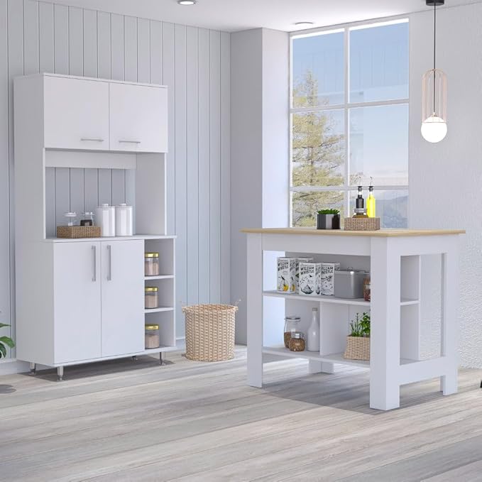 7 Shelf 4 Door 2 Kitchen Set, Kitchen Island and Cabinet White and Light Oak GE260