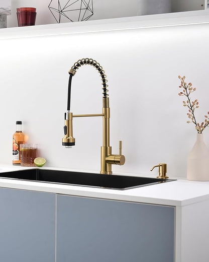 GIMILI Gold LED Kitchen Faucet with Soap Dispenser, Modern Single Handle Spring Kitchen Sink Faucets with Pull Down Sprayer