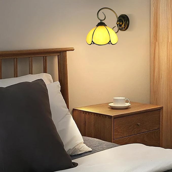 8" Vintage Stained Glass Wall Sconce Yellow Bending Shade Simple Wall Mounted Lamps for Bedroom Over Bed Hardwired Bathroom Lights Over Mirror Fixture with Plug Cord Switch Flower Design