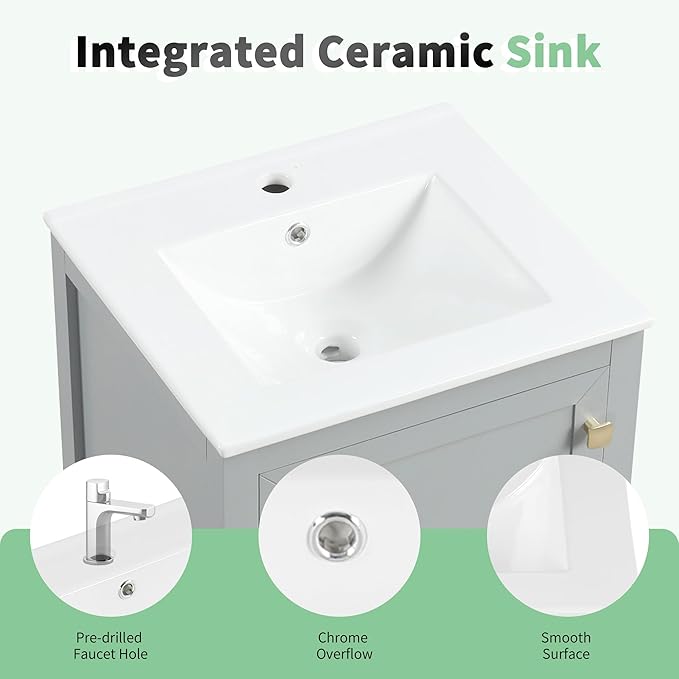 20" Bathroom Vanity with Ceramic Sink Top Set, Multi-Functional Storage Cabinet with Rack Organizer and Drawer, Soft-Closing Door, Solid Wood Frame, Gray
