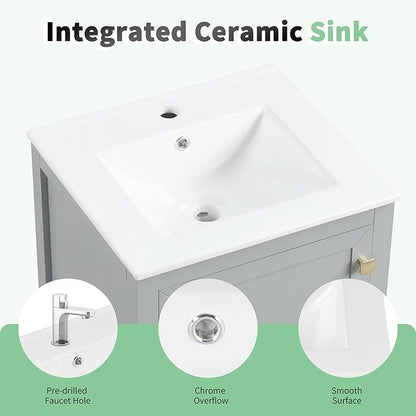 20" Bathroom Vanity with Ceramic Sink Top Set, Multi-Functional Storage Cabinet with Rack Organizer and Drawer, Soft-Closing Door, Solid Wood Frame, Gray
