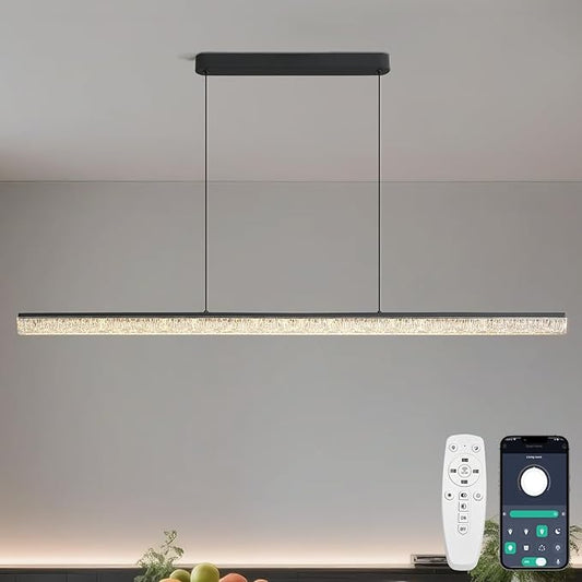 Modern LED Linear Pendant Light, 47” Dimmable Chandelier with APP & Remote Control, Ice-Crack Acrylic, Adjustable Height, 3000K–6000K Kitchen Island Lighting for Dining Room & Office – Black