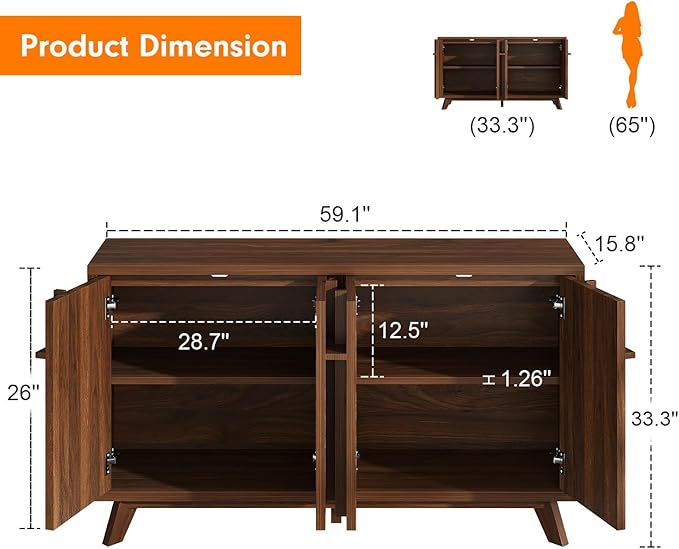 knoworld Sideboard Buffet Cabinet with Storage, 59" Modern Credenza with 4 Doors & Adjustable Shelves, Wood Console Cabinet for Living Room Kitchen Dining Room Hallway (Walnut)
