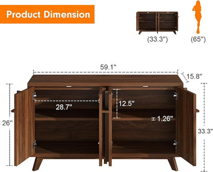 knoworld Sideboard Buffet Cabinet with Storage, 59" Modern Credenza with 4 Doors & Adjustable Shelves, Wood Console Cabinet for Living Room Kitchen Dining Room Hallway (Walnut)