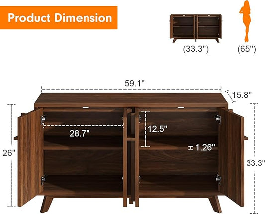 knoworld Sideboard Buffet Cabinet with Storage, 59" Modern Credenza with 4 Doors & Adjustable Shelves, Wood Console Cabinet for Living Room Kitchen Dining Room Hallway (Walnut)