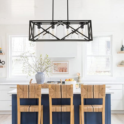 4-Lights Black Farmhouse Rectangle Chandelier Dining Room Light Fixtures, 30.4-Inches Length Contemporary Kitchen Island Pendant Lighting with Seeded Glass Lampshades