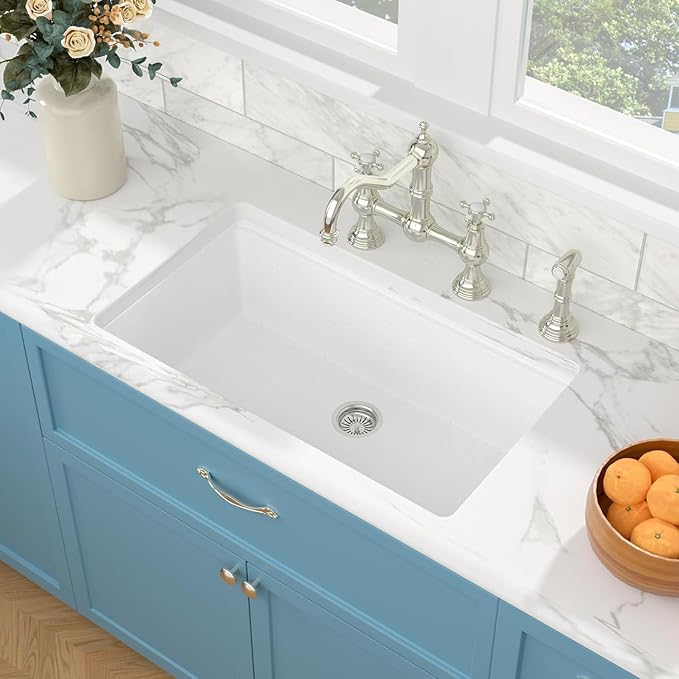 Sarlai Granite Composite Kitchen Sink - 32 x 19 Inch Granite Undermount Kitchen Sink Ledge Workstation 32 Inch Under-Mount White Quartz Classic Single Bowl Sinks Under Counter Basin With Accessories