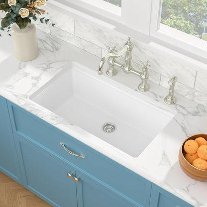 Sarlai Granite Composite Kitchen Sink - 32 x 19 Inch Granite Undermount Kitchen Sink Ledge Workstation 32 Inch Under-Mount White Quartz Classic Single Bowl Sinks Under Counter Basin With Accessories