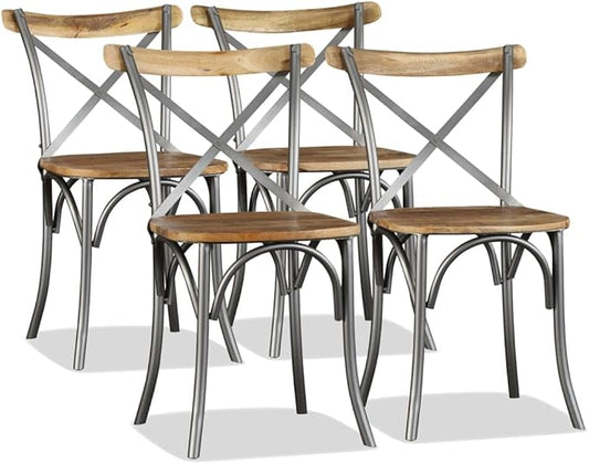 Solid Mango Wood Dining Chairs Set of 4 with Steel Cross Back Design Industrial Style Furniture for Kitchen Living Room and Restaurant Use