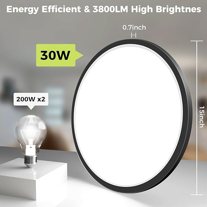 hepside 1Pack LED Flush Mount Ceiling Light Fixture, 15Inch 30W, Dimmable&3000K/3500K/4000K/5000K/6500K Adjustable Low Profile Ceiling Lights, Round Flat Ceiling Light for Kitchen,Hallway-Black