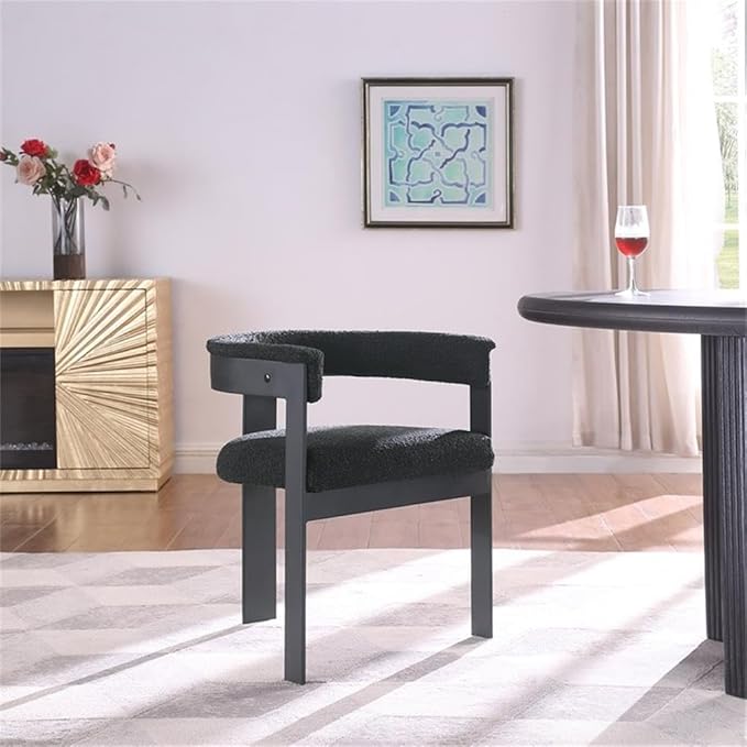Pemberly Row Contemporary Dining Chairs, Black Boucle Fabric, Matte Black Metal Frame, Set of 2, 23.5" W x 21.5" D x 28" H, Textured Upholstery, Modern Kitchen or Dining Room Seating