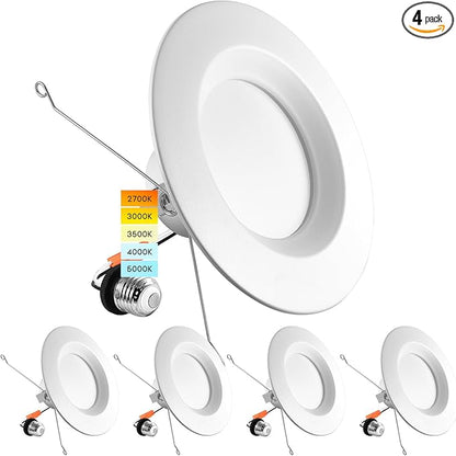 LUXRITE 5/6 Inch LED Recessed Retrofit Downlight, 14W=90W, CCT Color Selectable 2700K | 3000K | 3500K | 4000K | 5000K, Dimmable Can Light, 1100 Lumens, Wet Rated, Energy Star, Smooth Trim (4 Pack)