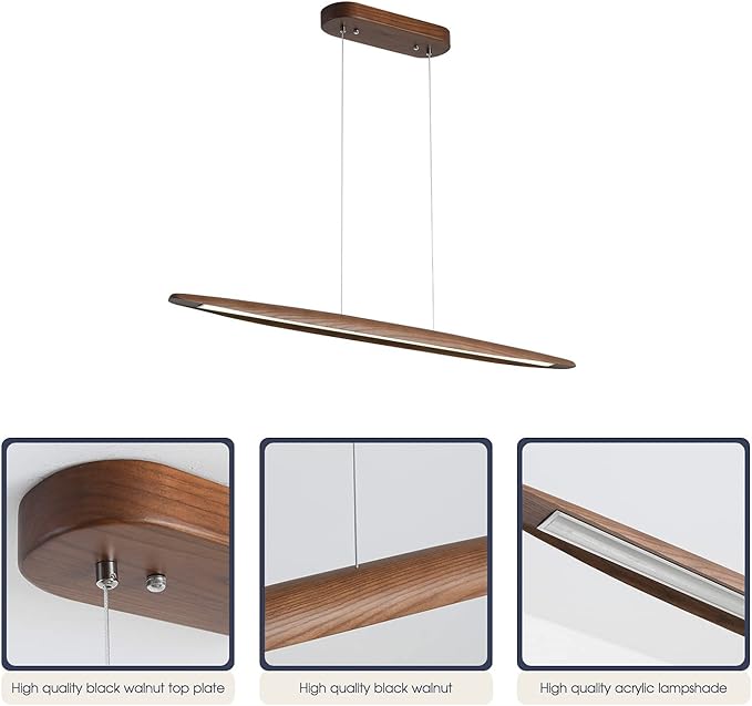 YISDESIGN 71" Wood Linear Pendant Light Wood Linear Dinning Room Light Island Lights LED Dimmable Chandelier 40w for Dining Room Billiard & Pool Table Walnut Color