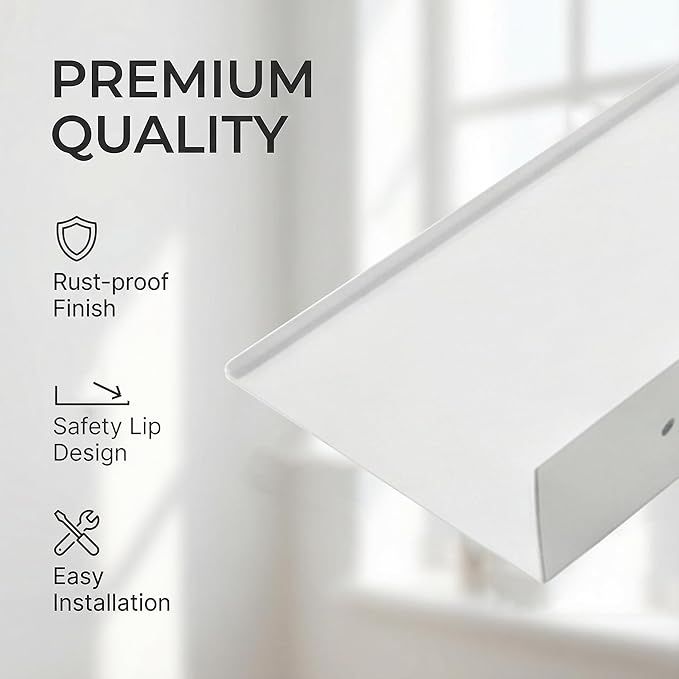 Z metnal White Wall Shelves, Small Corner Floating Bathroom Shelf, Lack Slim Metal Decor Display Modern Long Shelves for Action Figure Collection, Wall Mounted, Rustic, 16 x 5 inch, 2 Pack