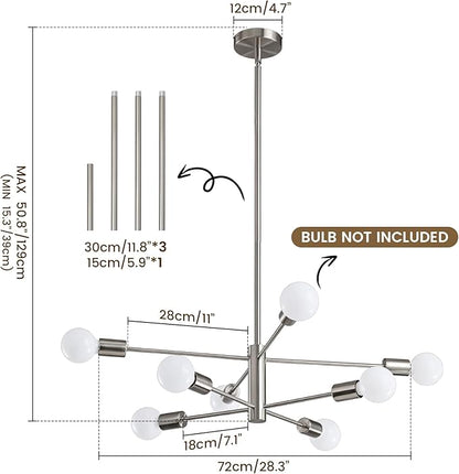 KAISITE Modern Chandelier Ceiling Light Fixture Brushed Nickel Sputnik Chandeliers for Bedroom Living Room 8-Light Height Adjustable Dining Room Farmhouse Chandelier Over Table Hanging Kitchen Light