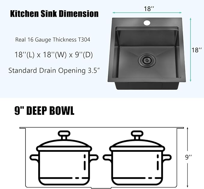 IKEBANA 18x18 Inch Black Bar Sink drop in, 9 Inch Deep 16 Gauge Stainless Steel Topmount Black Small Kitchen Sink, Single Bowl Wet Bar Outdoor RV Prep Sinks With Dish Grid & Drain