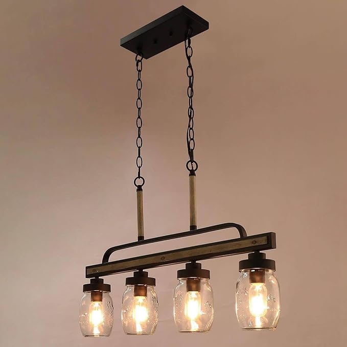 LOG BARN Farmhouse Chandeliers for Dining Room, 4-Light Rustic Mason Jar Chandelier Light Fixture, 30" L Faux Wood Kitchen Island Pendant Lighting
