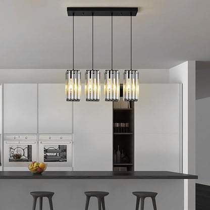 Modern Pendant Light Black Rectangle Pendant Lighting Mini Crystal Chandeliers Adjustable Pendant Light Fixture for Kitchen Island Dinning Room Living Room Corridor Bedroom(Black 4-Light)