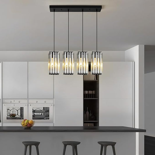 Modern Pendant Light Black Rectangle Pendant Lighting Mini Crystal Chandeliers Adjustable Pendant Light Fixture for Kitchen Island Dinning Room Living Room Corridor Bedroom(Black 4-Light)