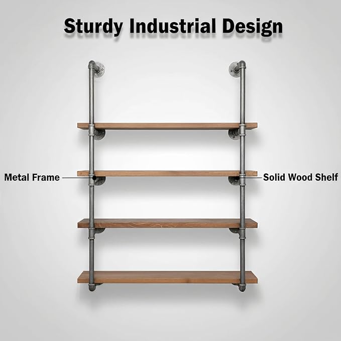 BIXIRAO Industrial Wall Mounted Iron Floating Pipe Shelves/Shelving/Racks/Storage/Bookcases/Brackets, DIY Open Bookshelves, Retro Black (4-Tier Shelf Brackets with 3 Boards)