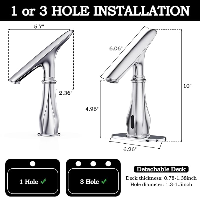 Touchless Bathroom Faucet, Automatic Motion Sensor Chrome Faucet for Bathroom Sink 1 Hole with Cover Plate, Mixing Valve, Battery Operated for Commercial Lavatory, Home Restroom