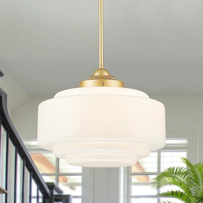 Milk Glass Pendant Light 14” Mid Century Modern Pendant Lighting Fixture With Gold Metal Vintage Schoolhouse Chandelier For Dining Room Kitchen Island Living Room Bedroom, Adjustable Height (E26)