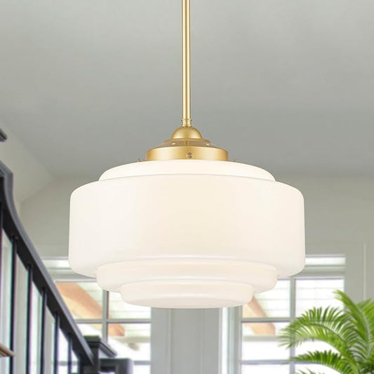 Milk Glass Pendant Light 14” Mid Century Modern Pendant Lighting Fixture With Gold Metal Vintage Schoolhouse Chandelier For Dining Room Kitchen Island Living Room Bedroom, Adjustable Height (E26)