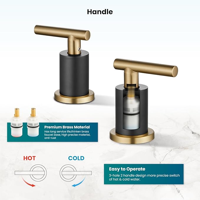 gotonovo 3 Hole 2 Handles Lavatory Basin Bathroom Sink Faucet with Pop Up Drain with Hot and Cold Mixer Valves 8 Inch Widespread Bathroom Faucet Matte Black & Gold
