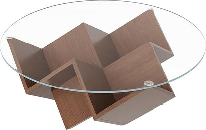 Harper & Bright Designs The Round Coffee Table with Glass Top and Geometric Abstract Art Deco Base Storage Shelves, Walnut, 35.4"