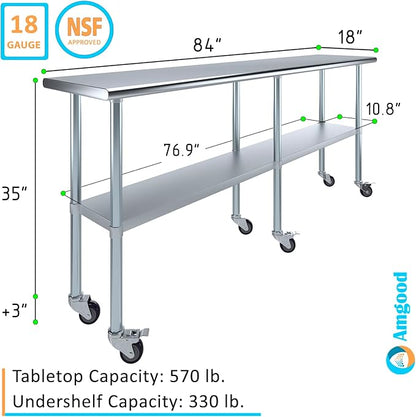 Stainless Steel Work Table with Wheels | NSF Kitchen Island Food Prep | Laundry Garage Utility Bench (Table + Wheels, 84" Long x 18" Deep)