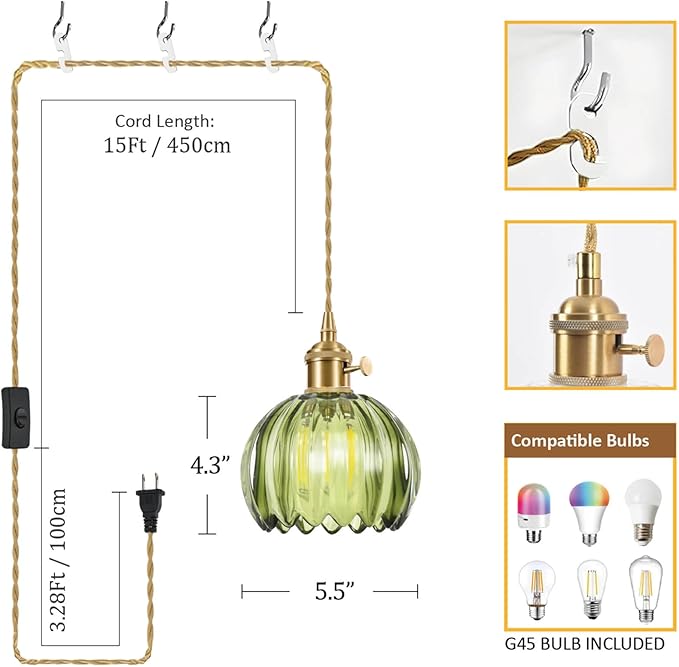 Mini Flower Hanging Lamp Plug in Pendant Light Fixtures, 15Ft Green Glass Pendant Lights Kitchen Island Dining Room Bedroom Living Room, LED Bulb Included