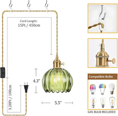 Mini Flower Hanging Lamp Plug in Pendant Light Fixtures, 15Ft Green Glass Pendant Lights Kitchen Island Dining Room Bedroom Living Room, LED Bulb Included