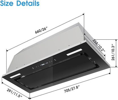 JOEAONZ Range Hood Insert 30 Inch 800 CFM, Built-in Vent Hood Black Glass Gesture & Touch Control Kitchen Exhaust Fan, Mesh Filters Recirculating Stove Hood Dual LED Lights Ducted/Ductless Convertible