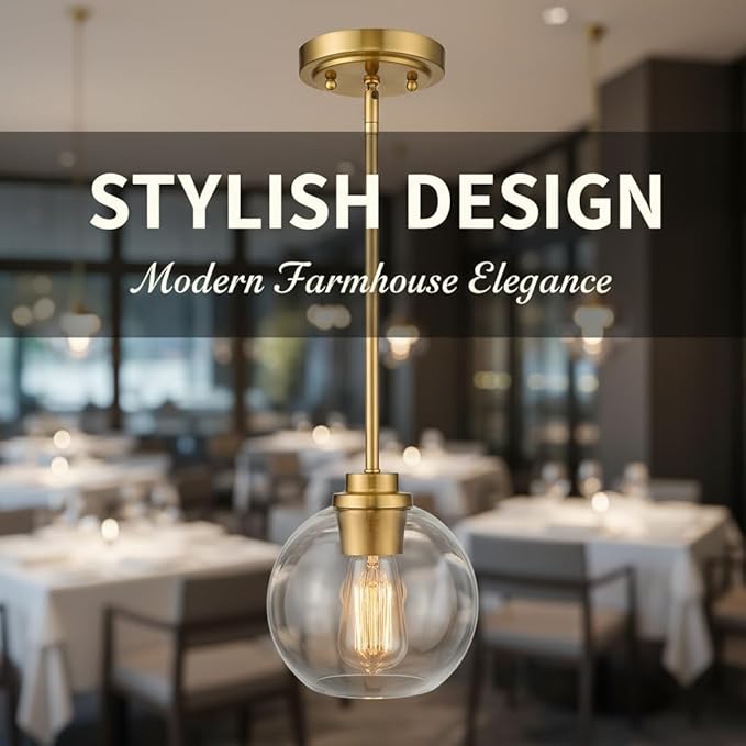 Gold Pendant Light, 7 Inch Clear Glass Farmhouse Hanging Fixture, Adjustable Height & Sloped Ceiling Compatible for Kitchen Island Dining Room Entryway Bedroom Hallway, 3 Pack