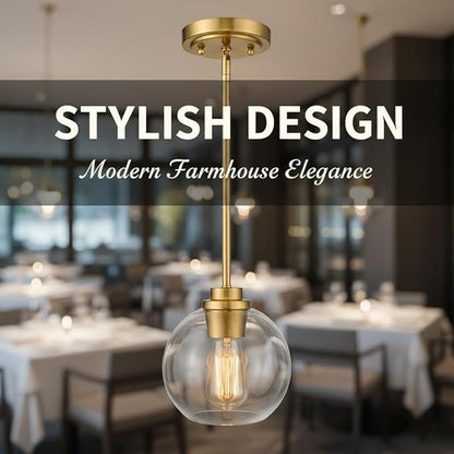 Gold Pendant Light, 7 Inch Clear Glass Farmhouse Hanging Fixture, Adjustable Height & Sloped Ceiling Compatible for Kitchen Island Dining Room Entryway Bedroom Hallway, 3 Pack