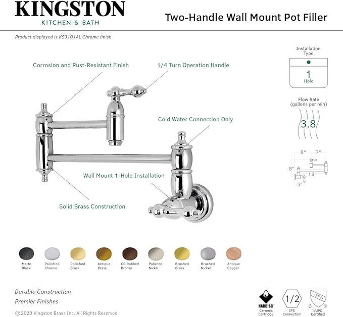 Kingston Brass KS3108AL Restoration Pot Filler, Brushed Nickel,8-1/8-Inch Spout Height