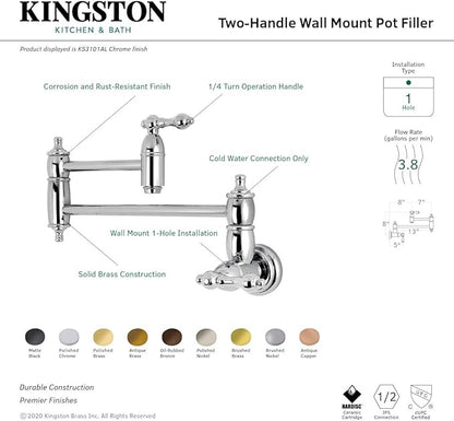 Kingston Brass KS3106AL Restoration Wall Mount Pot Filler Kitchen Faucet, Polished Nickel