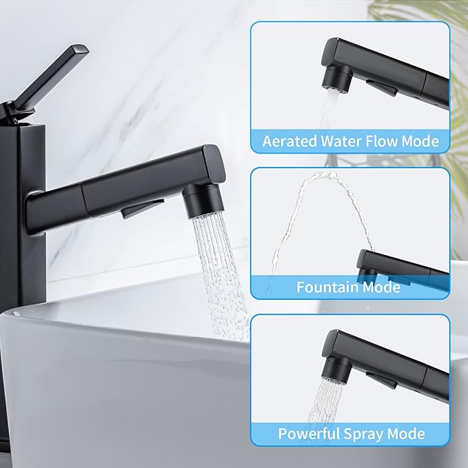 HANLIAN Single Handle Pull Out Bathroom Vessel Sink Faucet with Rotating Spout, Modern Single Hole Tall Bathroom Faucet with Pull Down Sprayer, One Hole High Bathroom Sink Faucet Black with 3 Modes