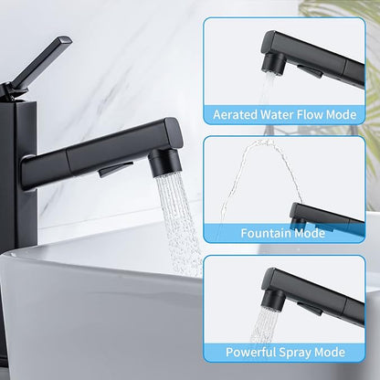 HANLIAN Single Handle Pull Out Bathroom Vessel Sink Faucet with Rotating Spout, Modern Single Hole Tall Bathroom Faucet with Pull Down Sprayer, One Hole High Bathroom Sink Faucet Black with 3 Modes