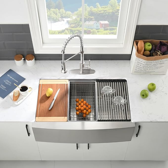 33 Inch Stainless Steel Farmhouse Sink-VASOYO 33x22 Apron Front Farm Sink Stainless Steel Farmhouse Kitchen Sinks Workstation 16 Gauge Single Bowl Deep Kitchen Sinks Undermount with Cutting Board