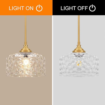 Modern Pendant Lights Kitchen Island, Brushed Gold Pendant Light Fixtures with 9.45" Clear Hammered Glass Shade, Industrial Hanging Pendant Lights for Kitchen Island Dining Room Bedroom Entryway