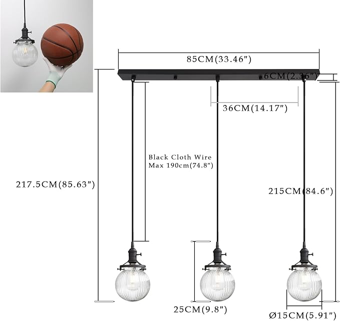 Phansthy Kitchen Island Lighting, 3 Lights Linear Chandeliers, Hanging Light with 5.9" Globe Striped Glass Shade, 3-Light Pendant Light Fixtures for Dining Room Farmhouse (Black, Long Base)