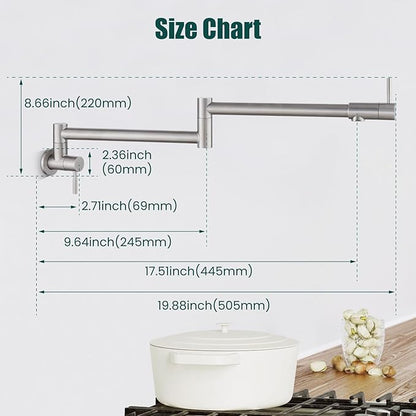 Heyalan Pot Filler 19 Inch Wall Mount Folding Stretchable Kitchen Restaurant Faucet Stainless Steel Pot Filler Double Joint Swing Arm Two Handles Commercial NPT,Straight Handle,Brushed Nickel