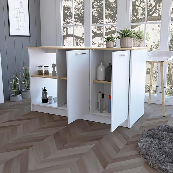 GOWE Mercury Kitchen Island with Spacious Countertop, Double Door Cabinets, and 2 Open Storage Shelves