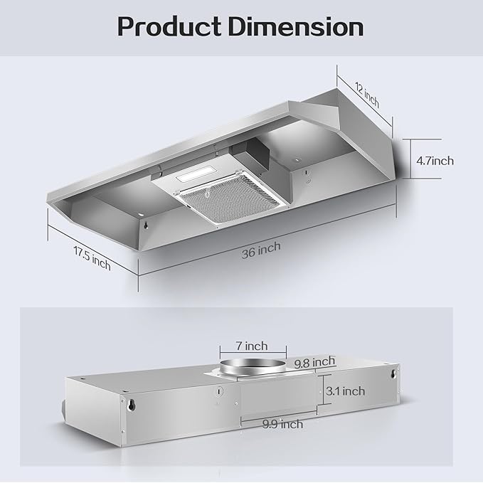 Range Hood 36 inch Under Cabinet, Ducted/Ductless Kitchen Hood 280CFM, Stainless Steel Vent Hood with Rocker Button Control, Stove Hood with 2 Speeds Fan, Bright LED Light