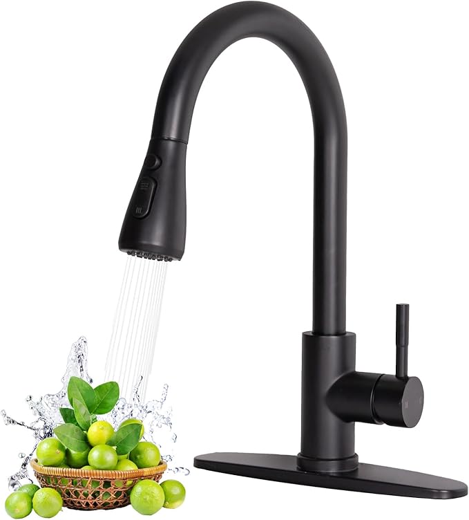 HOTIS Black Kitchen Faucet, Single Handle Matte Black Kitchen Faucets with Pull Down Sprayer, Stainless Steel Suitable for 1 or 3 Hole Sinks for Farmhouse, RV, Laundry, Bar, HT-KYT010B-D-new