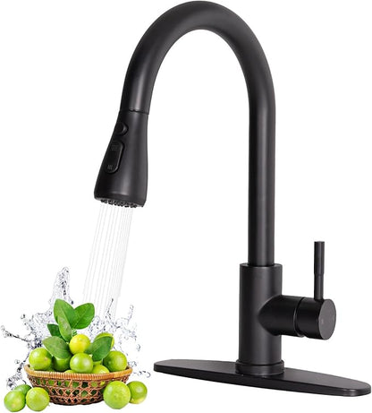 HOTIS Black Kitchen Faucet, Single Handle Matte Black Kitchen Faucets with Pull Down Sprayer, Stainless Steel Suitable for 1 or 3 Hole Sinks for Farmhouse, RV, Laundry, Bar, HT-KYT010B-D-new