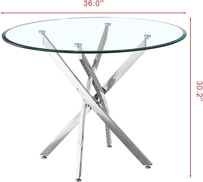 36" Glass Dining Table for 2-4, Modern Dining Room Table with 0.39" Tempered Glass Top and Cross X-Shaped Silver Stainless Steel Base, Round Kitchen Dinner Table for Dining Room