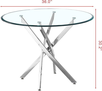 36" Glass Dining Table for 2-4, Modern Dining Room Table with 0.39" Tempered Glass Top and Cross X-Shaped Silver Stainless Steel Base, Round Kitchen Dinner Table for Dining Room